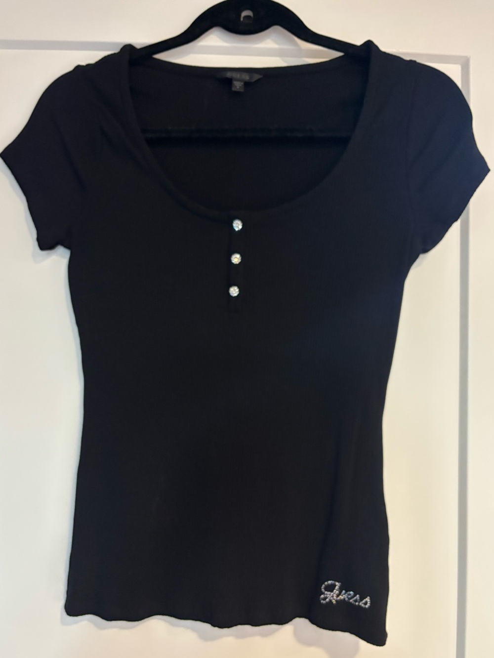 Guess Black Ribbed Scoop Neck Tee with Crystal Buttons